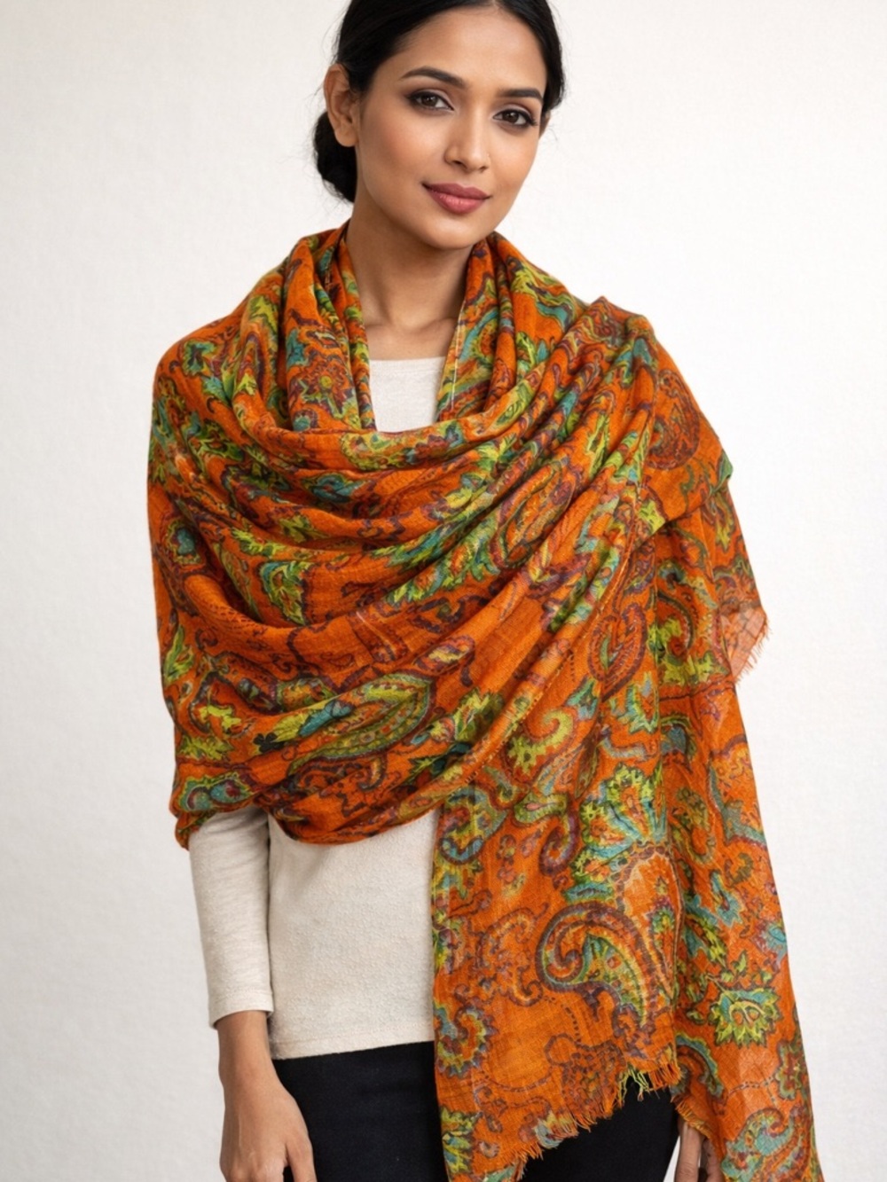 Shingora Collection 100% Wool Paisley Scarf Wrap Shawl Orange Bohemian Festival